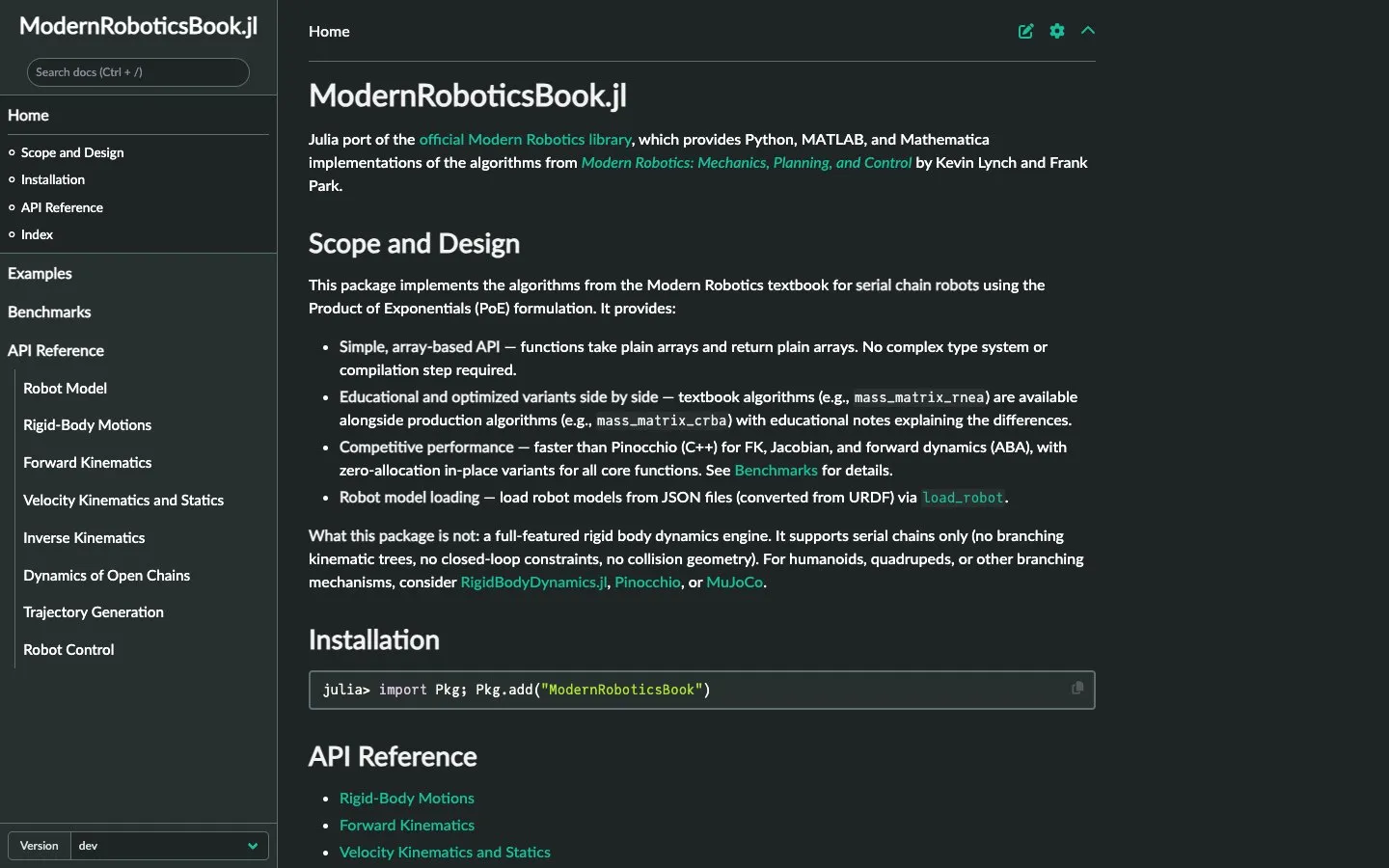 The ModernRoboticsBook.jl documentation site.