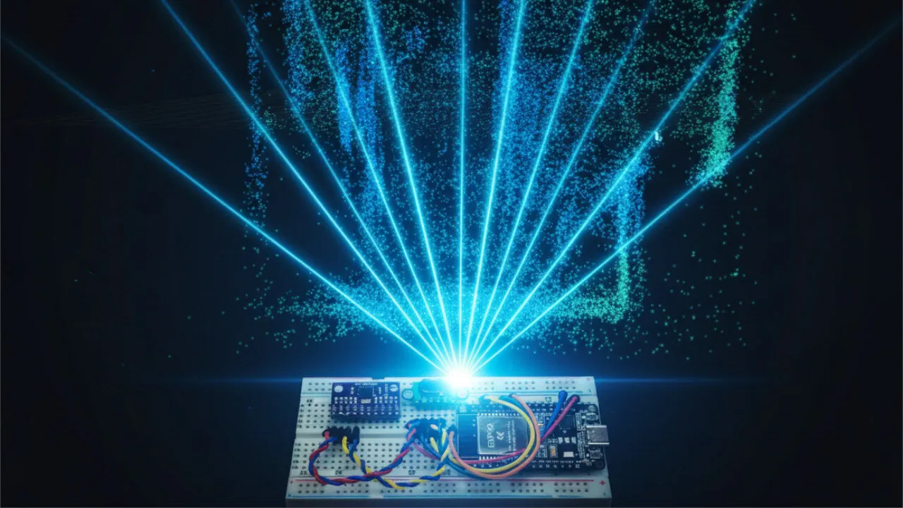 Laser-like rays fanning out from a small sensor breadboard into a 3D point cloud.