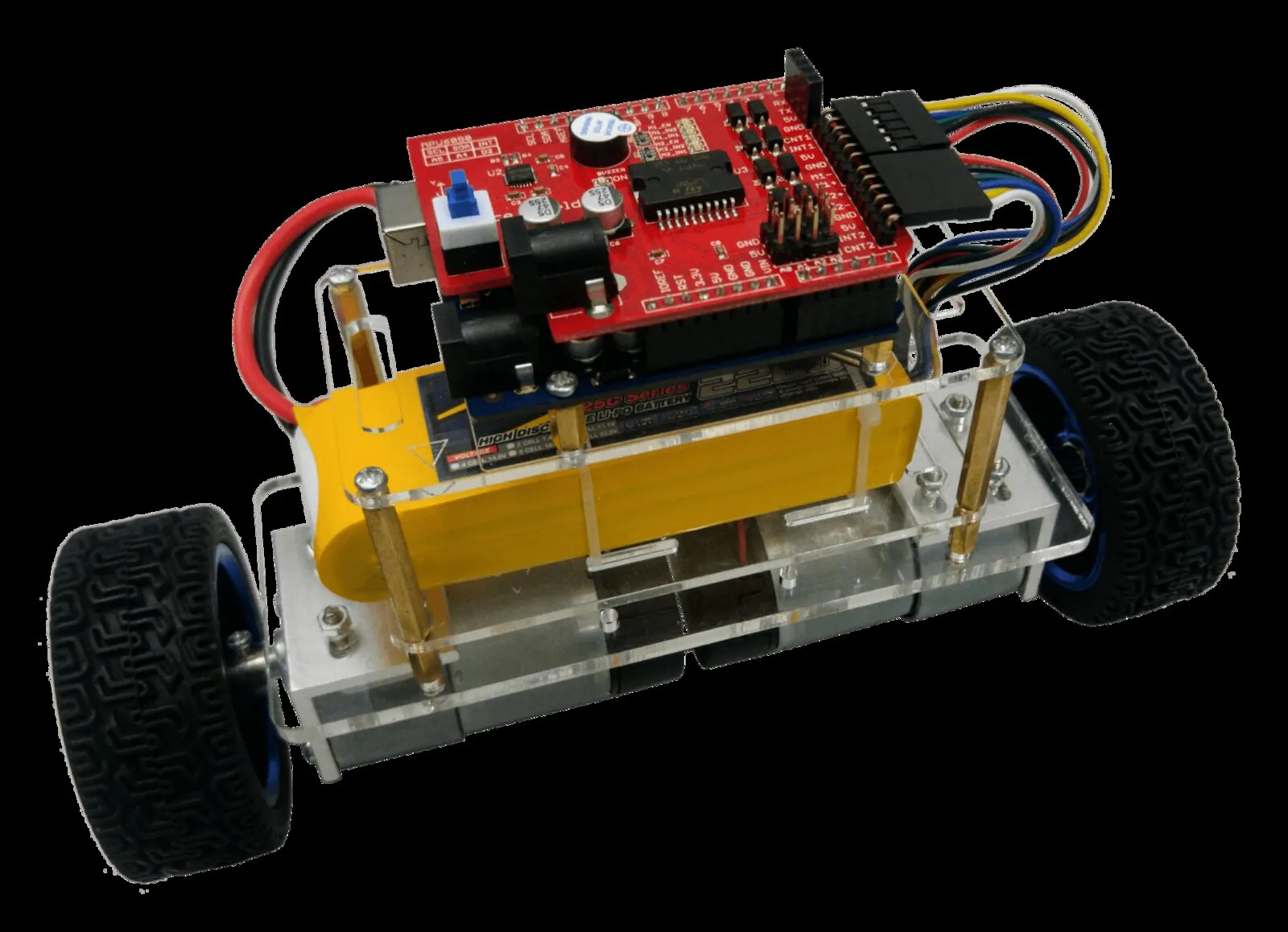 The assembled two-wheeled Balanbot with its red controller board.