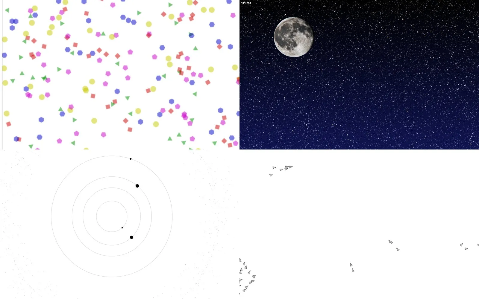 A 2×2 grid of the four CreateJS simulations.