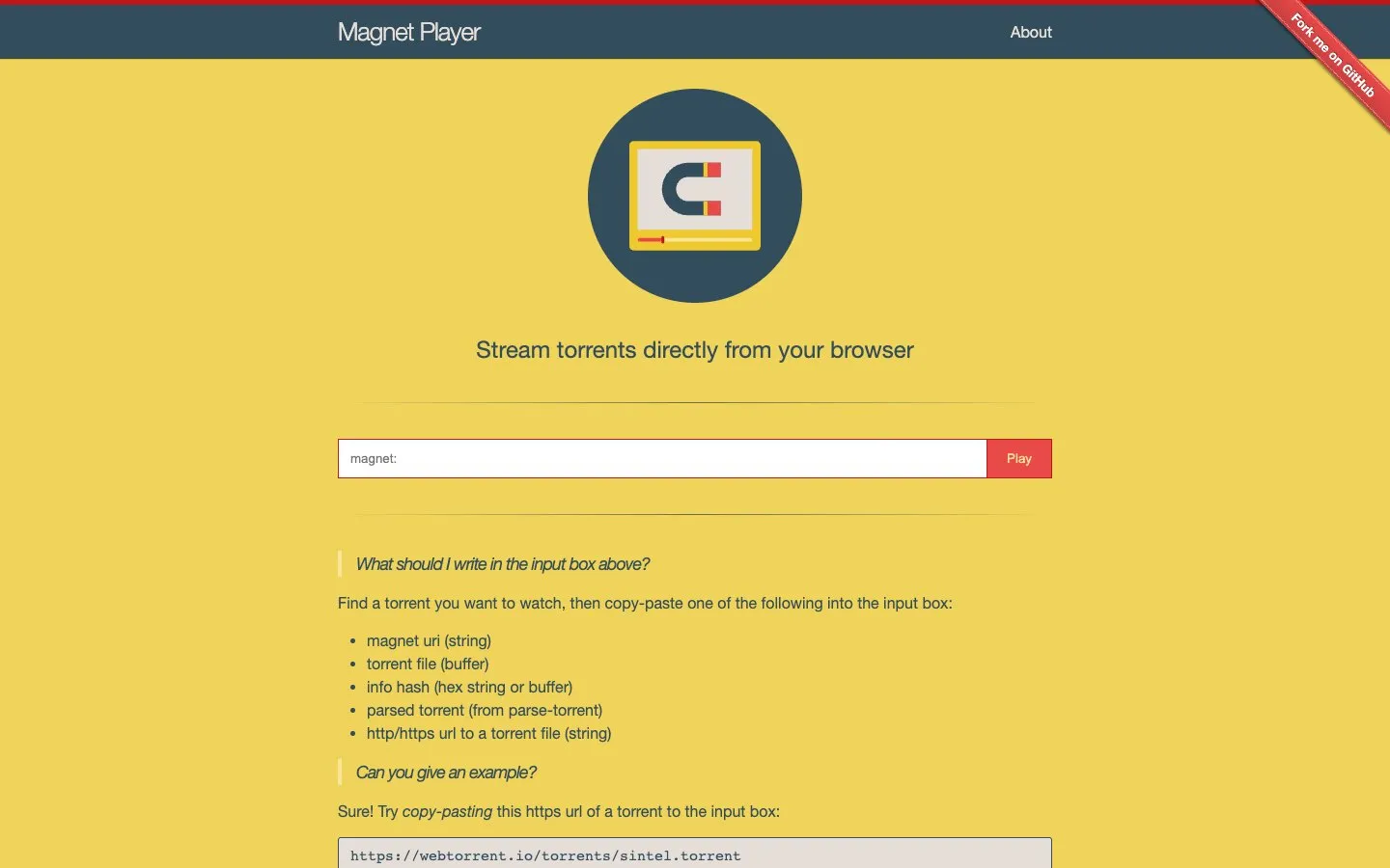 The yellow Magnet Player landing page with a magnet-link input box.