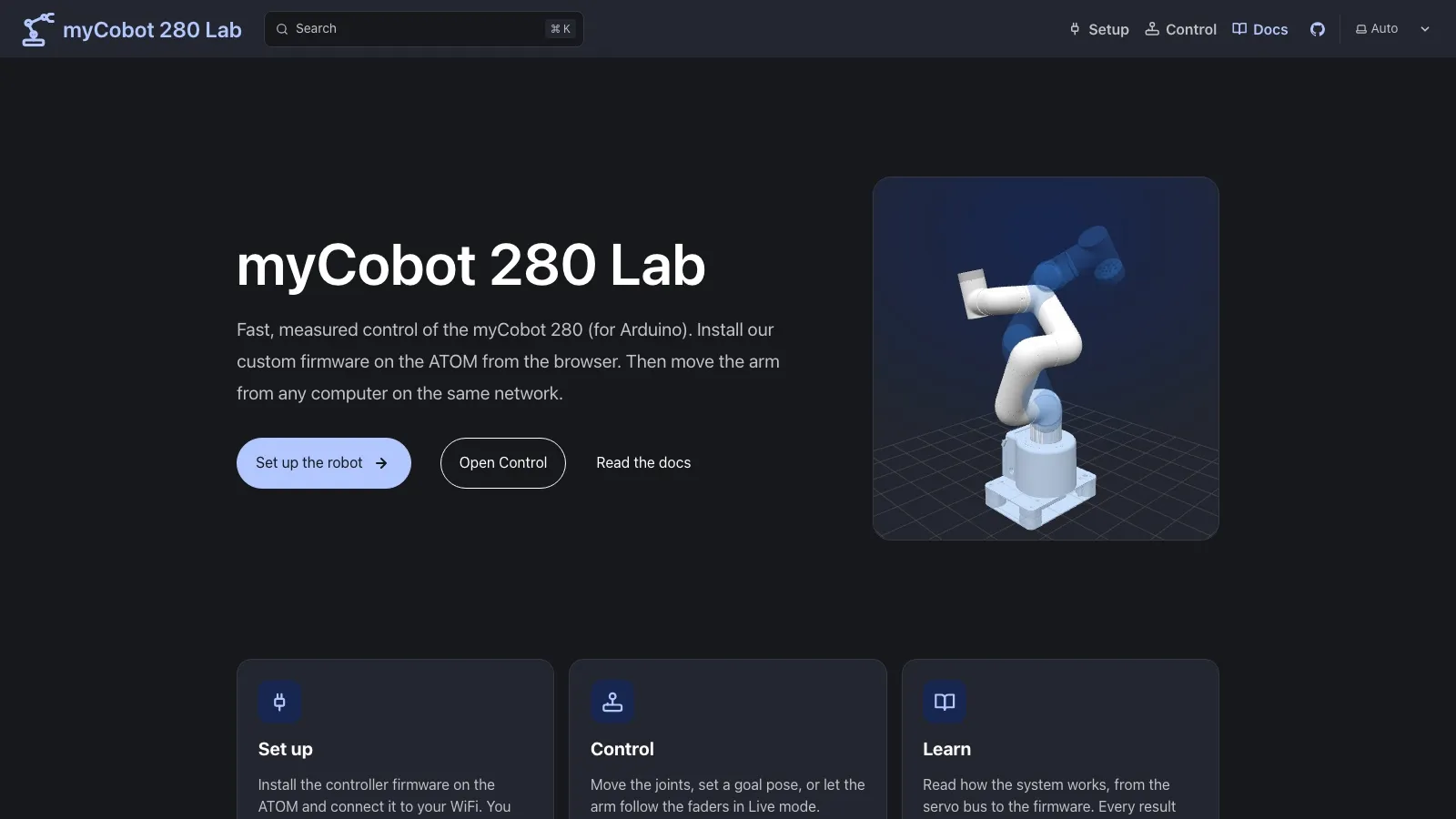 The myCobot 280 Lab home page, with a 3D model of the arm and its see-through goal pose.
