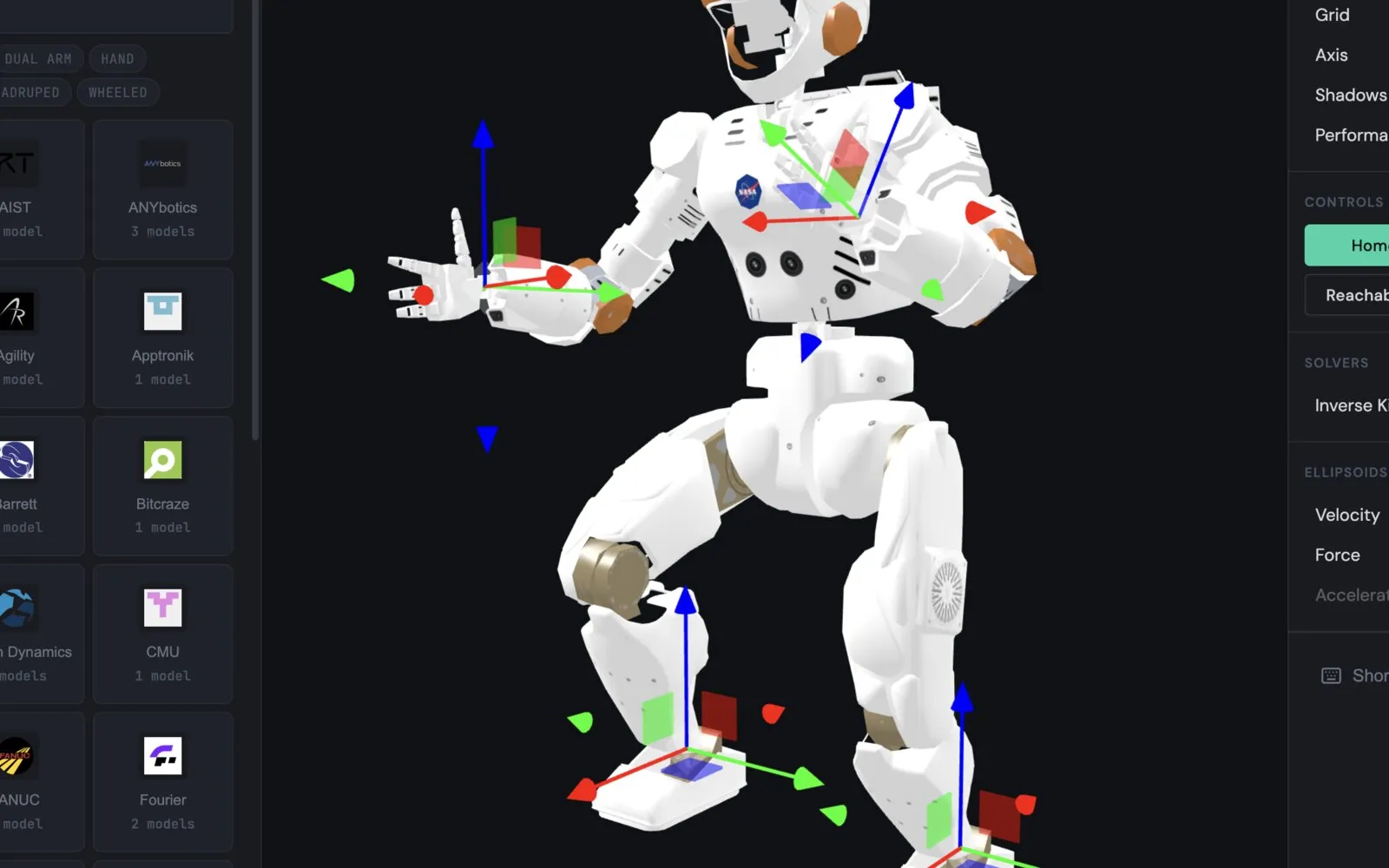 The NASA Valkyrie humanoid posed with multi-limb IK gizmos in Robot Explorer's dark theme.