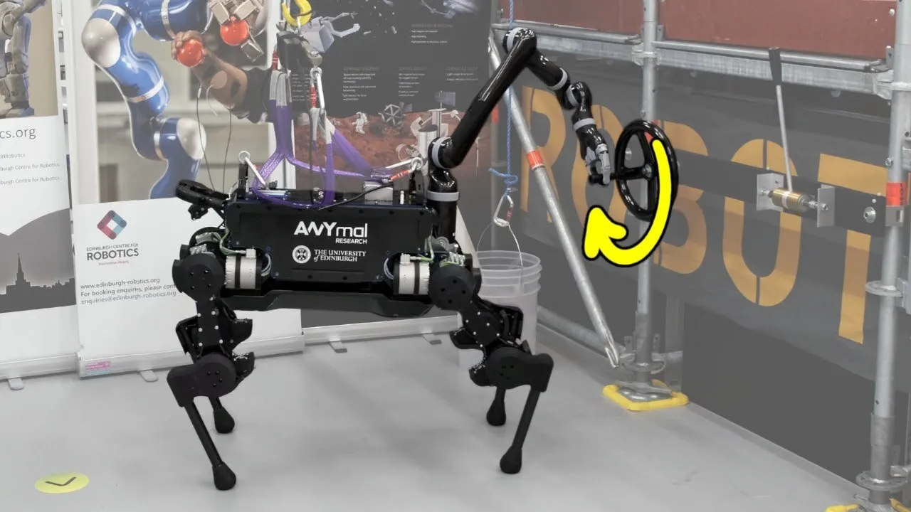 An ANYmal quadruped with a robot arm turning an industrial hand wheel.