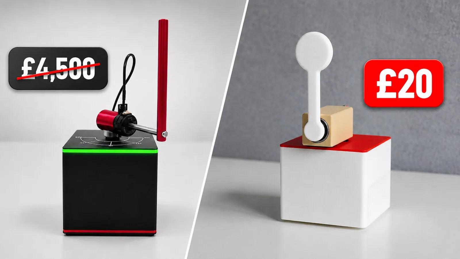 The £20 rotary inverted pendulum next to a £4,500 lab version.