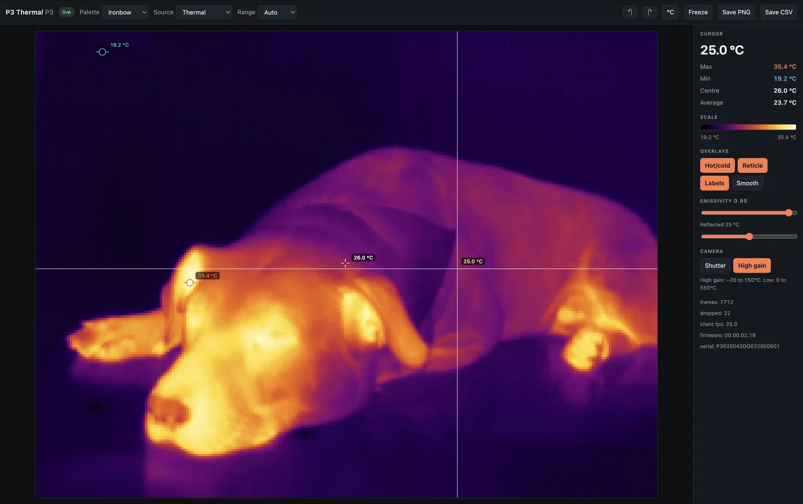 A thermal image of a sleeping dog in the viewer, with temperature controls on the right.