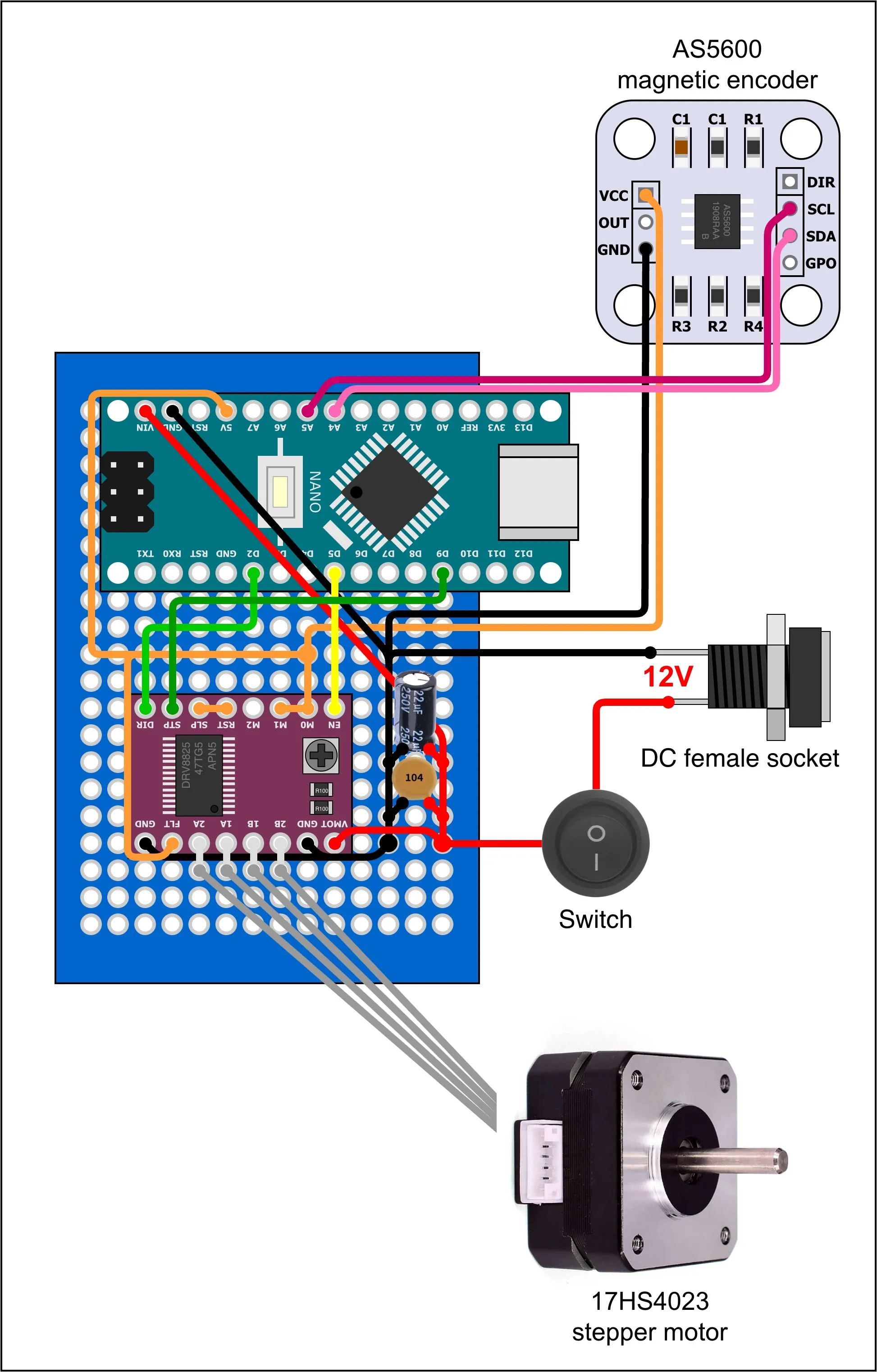 Wiring diagram: Nano, stepper driver, AS5600 and motor on a single protoboard